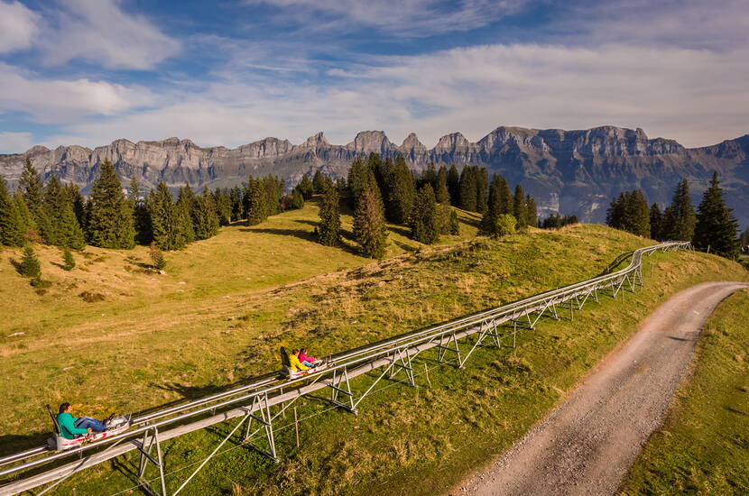 Zoom: Familienausflug FLOOMZER Flumserberg. Flitze auf der Sommerrodelband vom Crüz bis zum Tannboden über Brücken, Kurven, Wellen, Mulden, Kreisel und Tunnel. 