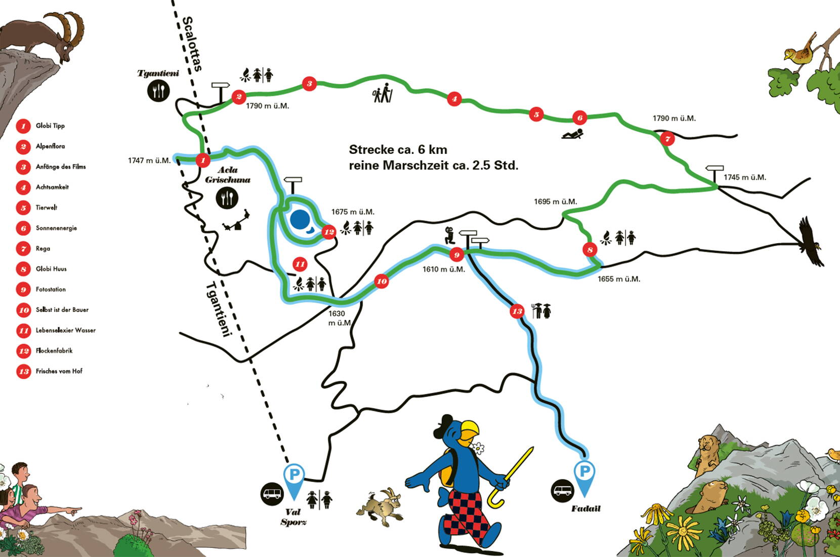 Familienausflug Globi Wanderweg – Auf dem einzigen Globi Wanderweg der Schweiz erklärt Globi an 13 Posten Themen wie Natur und Technik auf spielerische Art und Weise.