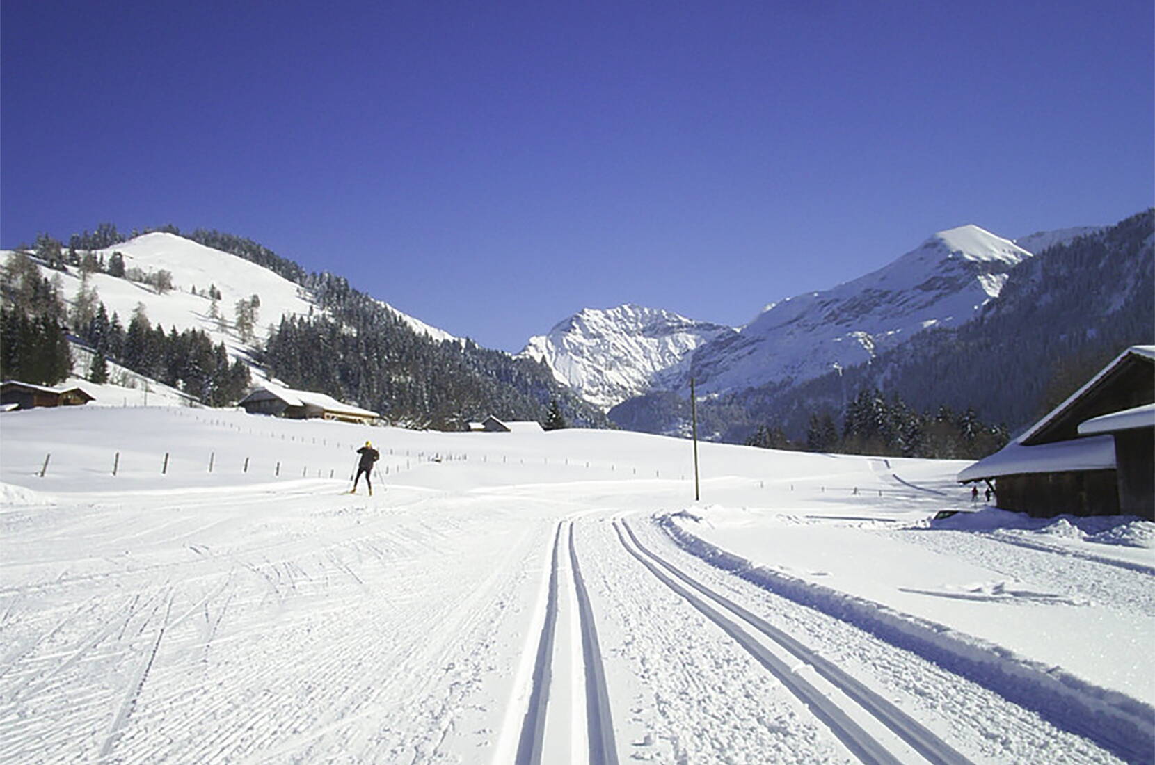 Escursione per famiglie con sci di fondo a Aeschi. I principianti, gli sciatori esperti e gli specialisti possono godersi 35 km di piste di fondo classiche e 32 km di piste di skating da Aeschi passando per Aeschiried fino alla Suldtal, oltre a 2 km di piste notturne ad Aeschiried.