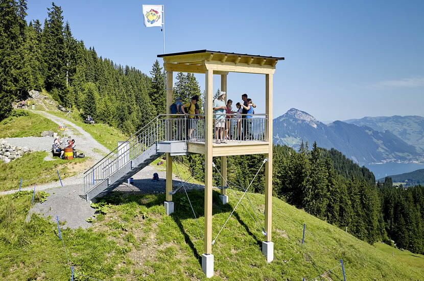 Zoom: Eine Gruppe Besucher steht auf dem Aussichtsturm des Goldi Gwundernasenwegs.