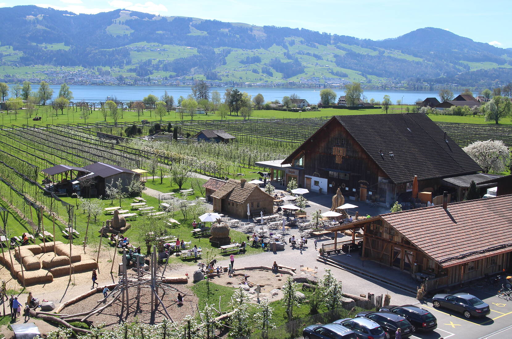 Excursion en famille à la ferme Bächlihof de Jona. La ferme fruitière offre une grande place de jeux naturelle, un château de paille et un parc de chèvres à caresser. Il est possible de faire griller des saucisses et du pain au serpent (en vente au restaurant du magasin de la ferme) autour du feu.