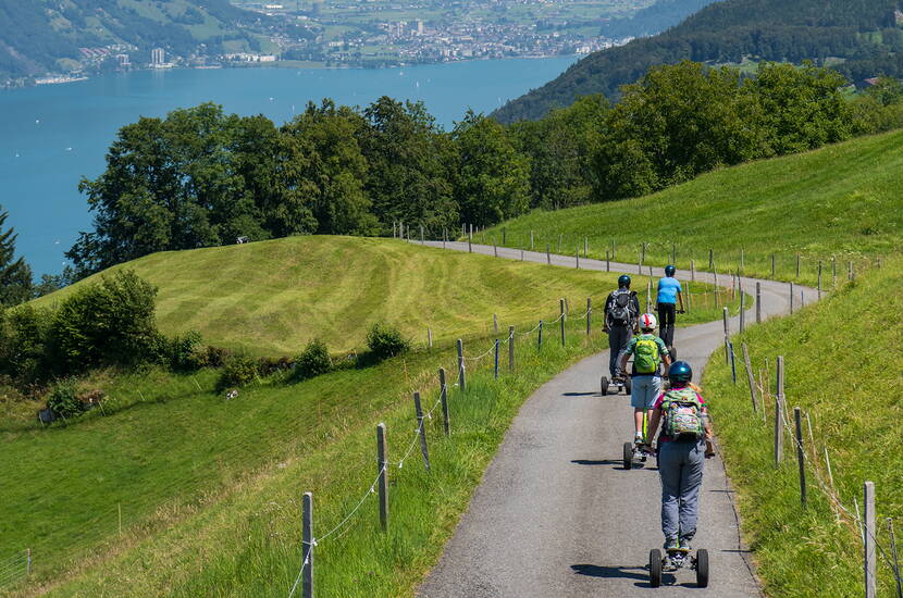 Zoom: Gruppo in piena corsa sui bikeboard con lo scenario alpino sullo sfondo: azione pura per gli amanti dell'avventura.