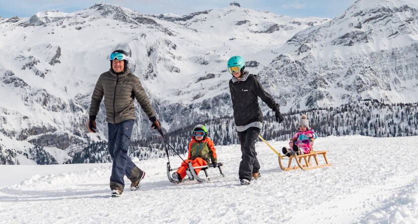 Zoom: Schlitteln auf dem Betelberg vor einer beeindruckenden Alpenkulisse. Die breiten und gepflegten Schlittelwege bieten Winterspass für Gross und Klein.