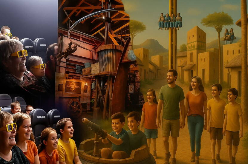 Zoom: Die Collage zeigt verschiedene Erlebnisbereiche des Funparks: ein mitreissendes Kinoerlebnis, effektvolle Themenkulissen sowie interaktive Outdoor‑Szenen mit Abenteuerelementen. Die Mischung aus Bewegung, Spiel und Fantasie lädt zum Entdecken und Staunen ein.