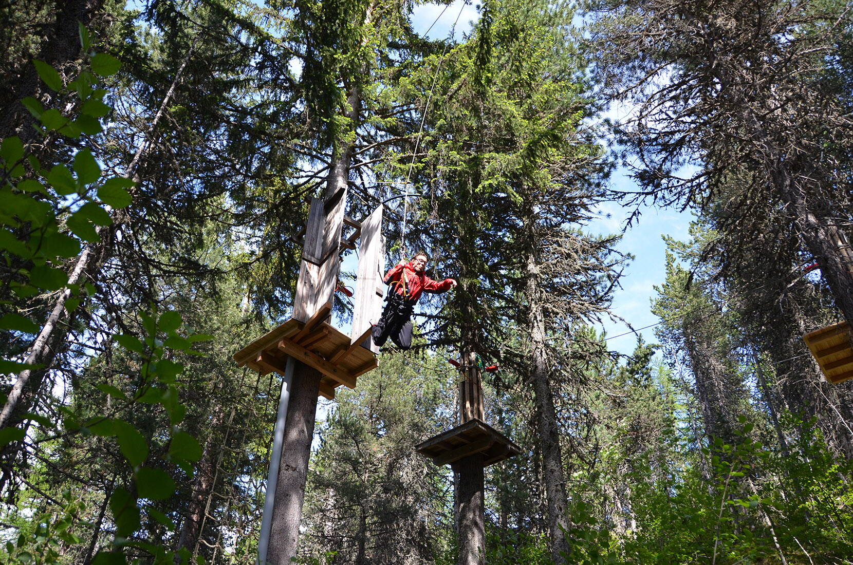 Im Kletterpark hangelt man sich von Baum zu Baum und überwindet verschiedene Hindernisse in den Baumwipfeln.