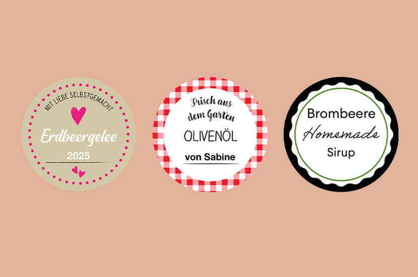 Zoom: Tre etichette rotonde a confronto: stile classico, moderno e rustico. Ideali per confetture, oli aromatizzati o sciroppi fatti in casa.