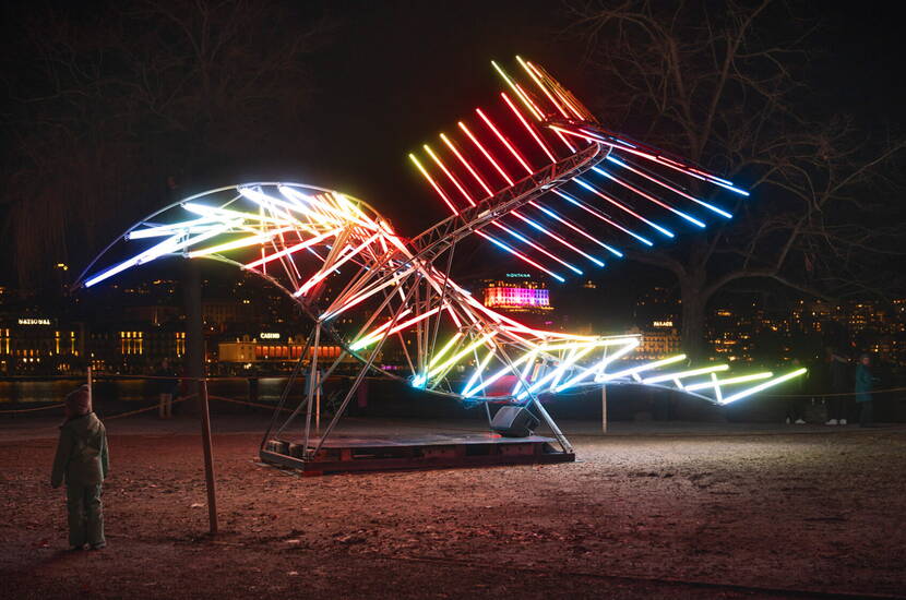 Phönix aus Licht auf dem Inseli Eine kleine, feine Lichtkunst am Luzerner Inseli: Der Phönix erhebt sich in leuchtenden Farben und symbolisiert Hoffnung und Erneuerung. Die Installation ist Teil des Lichtfestivals Luzern und verleiht dem Ufer eine magische Stimmung.