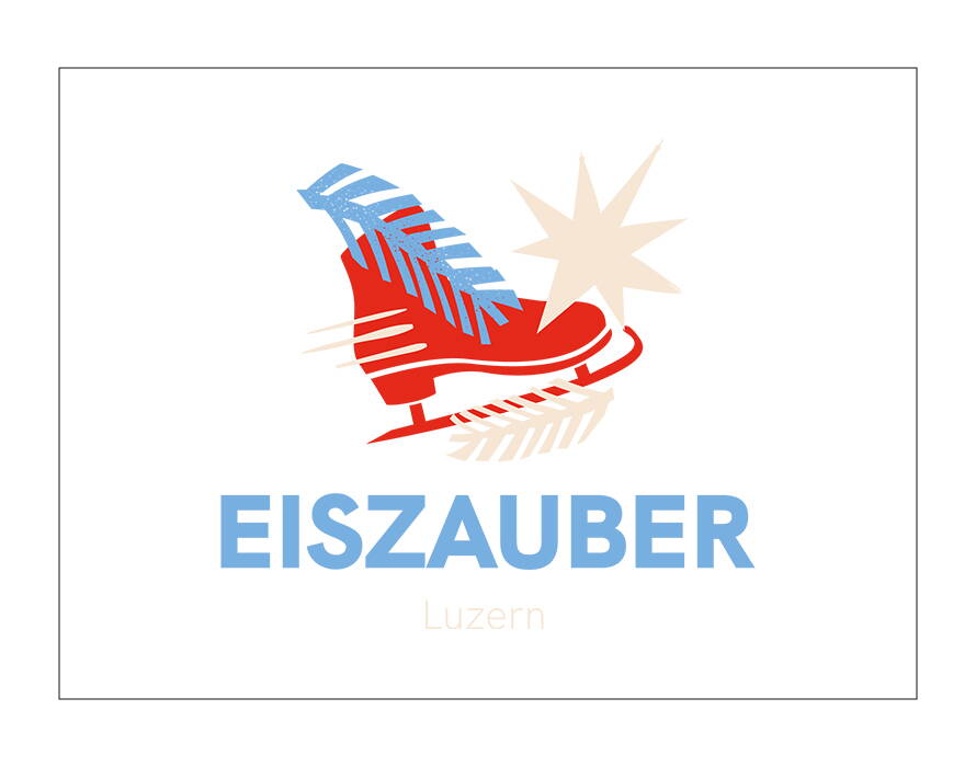 Logo Eiszauber Luzern mit rotem Schlittschuh, blauen und beigen grafischen Elementen sowie Schriftzug „Eiszauber Luzern“.
