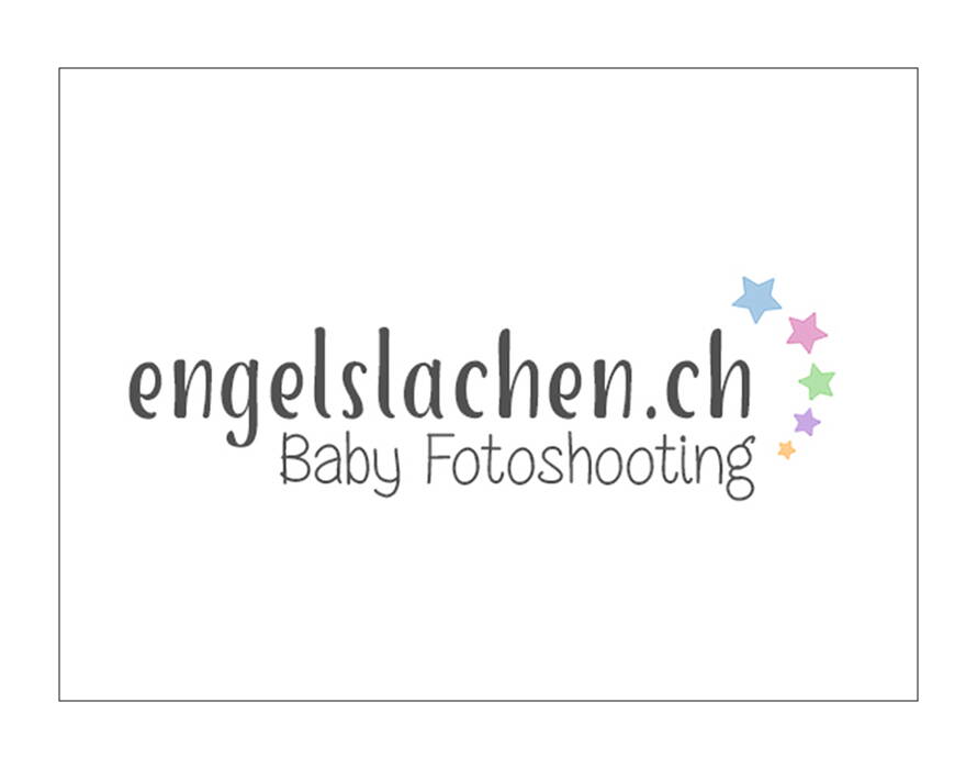 Logo mit grauem Schriftzug „engelslachen.ch – Baby Fotoshooting“ und bunten Sternen in Pastellfarben.