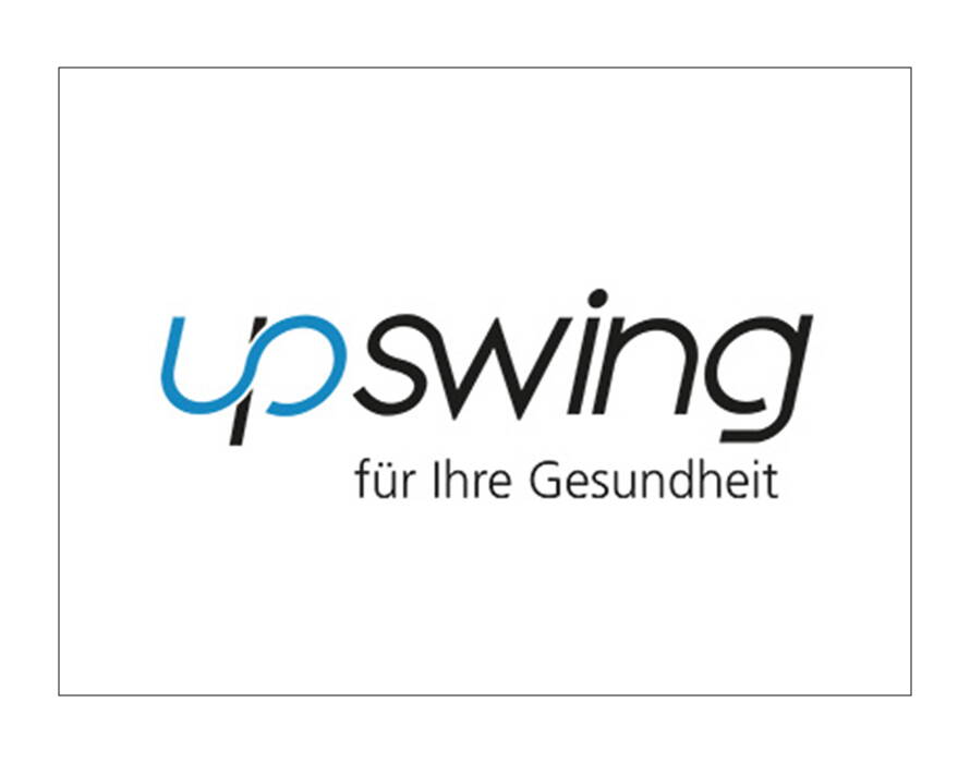 Logo mit blau-schwarzem Schriftzug „upswing“ und Zusatz „für Ihre Gesundheit“ auf weissem Hintergrund.