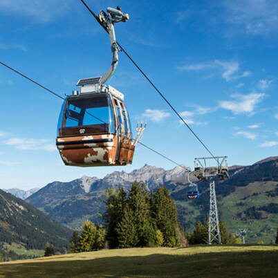 Erlebnisgondel der Betelbergbahn vor Bergpanorama über einer Bergwiese