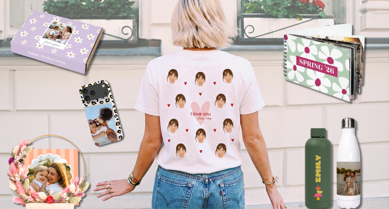 Une sélection de produits personnalisés tels que t-shirts, coques de téléphone, livres photo et boîtes cadeaux présentés dans un style printanier.