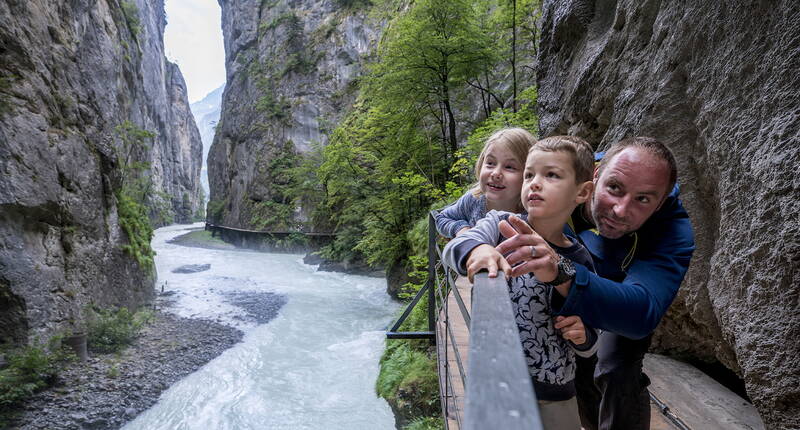 Excursion en famille dans les gorges de l'Aar. Ce spectacle naturel peut être exploré confortablement sur une passerelle sécurisée et à travers des tunnels. L'excursion offre les impressions les plus diverses selon le temps et convient très bien aux journées ensoleillées ou même chaudes.