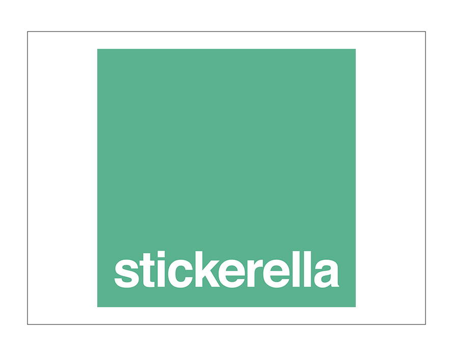 Grünes quadratisches Logo mit weissem Schriftzug „stickerella“.
