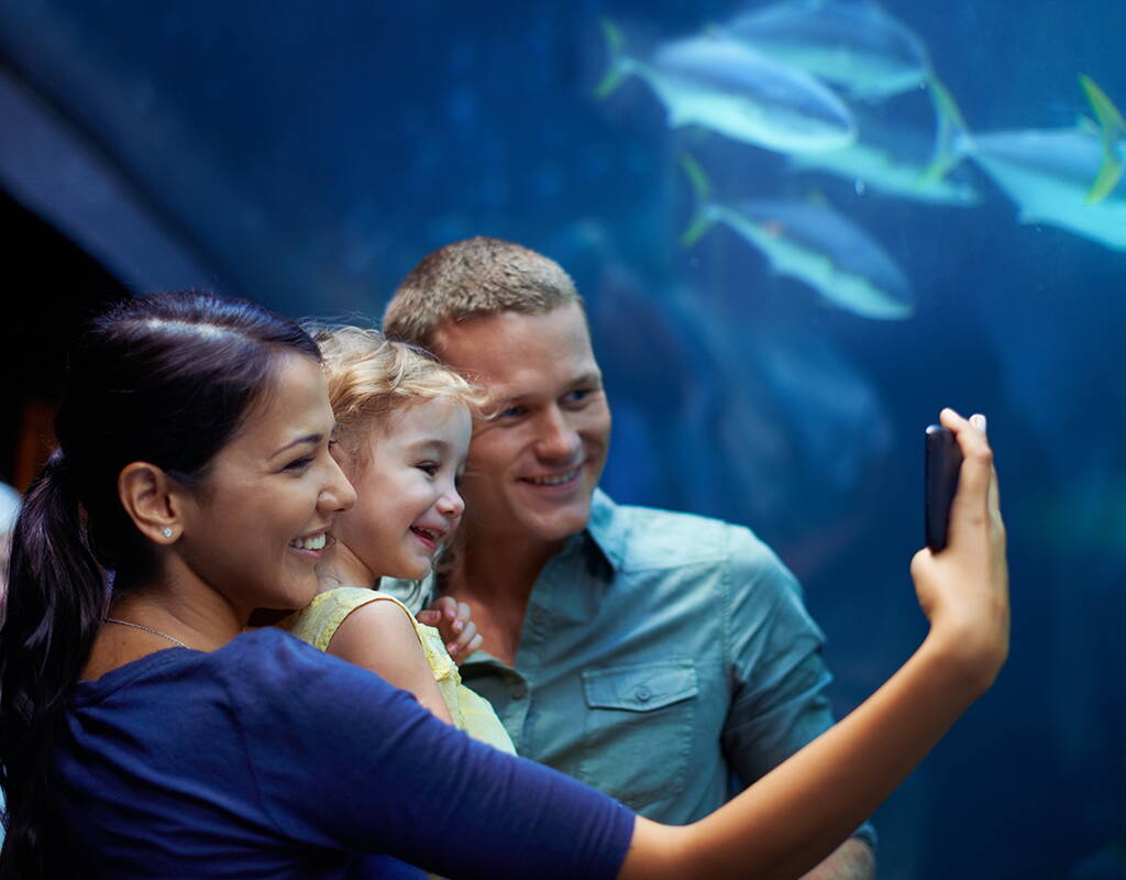 Eine Familie macht ein Selfie vor einem grossen Aquarium und beobachtet die vorbeischwimmenden Fische – ein Moment voller Staunen und gemeinsamer Erlebnisse.
