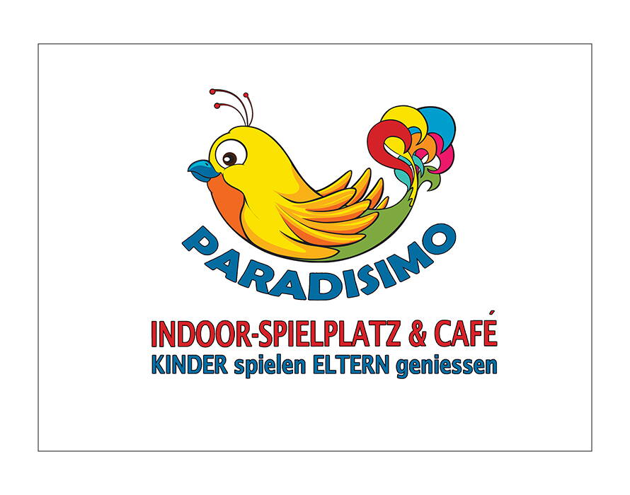 Farbiges Logo mit Vogelgrafik und Schriftzug „Paradisimo – Indoor-Spielplatz & Café“.