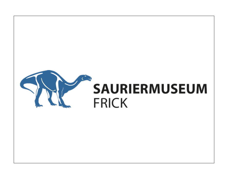 Blaues Logo mit Dinosaurier-Silhouette und Schriftzug „Sauriermuseum Frick“.