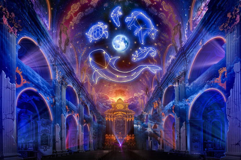 Magische Lichtkunst mit Sternbildern in Luzern Fantasievolle Projektionen von Sternbildern und Tieren verwandeln das Kirchenschiff in eine Traumwelt voller Licht und Farbe.