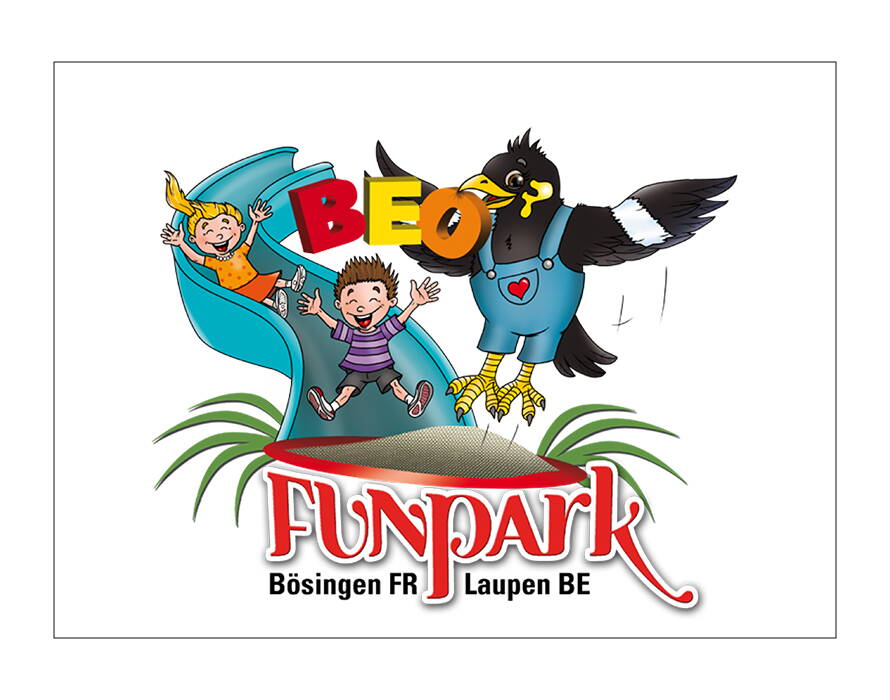 Logo des BEO Funparks mit bunter Schrift, einer Rutsche, zwei spielenden Kindern und einem Vogel mit Latzhose. Text: „Bösingen FR – Laupen BE“.