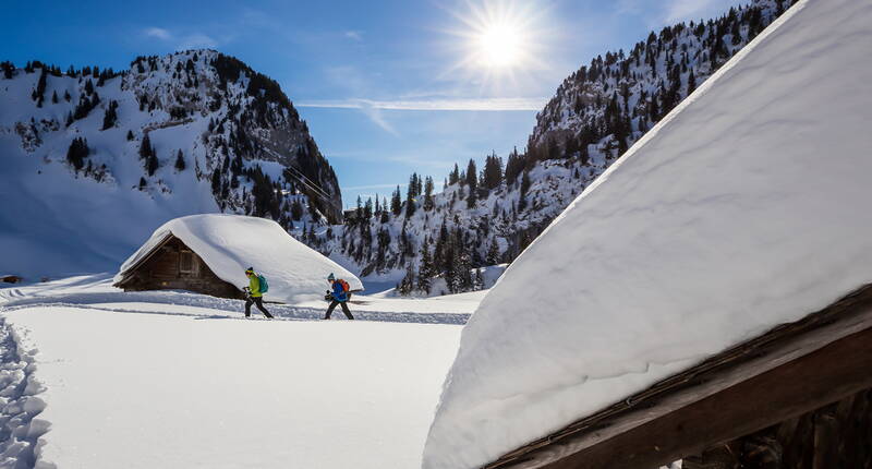 Excursion familiale en raquettes à neige au Stockhorn. Pars à la découverte de la région profondément enneigée du Stockhorn en raquettes à neige. Que tu sois seul ou en groupe lors d'une excursion guidée, l'idylle hivernale blanche et scintillante t'enchantera!