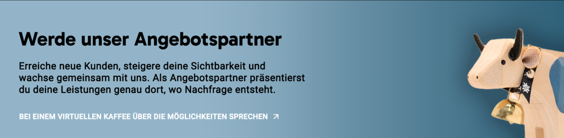 Ein Holzkuh‑Figur mit Glocke steht vor einem blauen Hintergrund. Das Bild symbolisiert Partnerschaft, regionale Verbundenheit und die Einladung, MiBon‑Angebotspartner zu werden.
