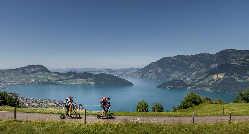 Zwei Erwachsene mit je einem Kind auf dem Bikeboard flitzen ins Tal – mit dem See im Hintergrund ein rasanter Familienspass in traumhafter Umgebung.