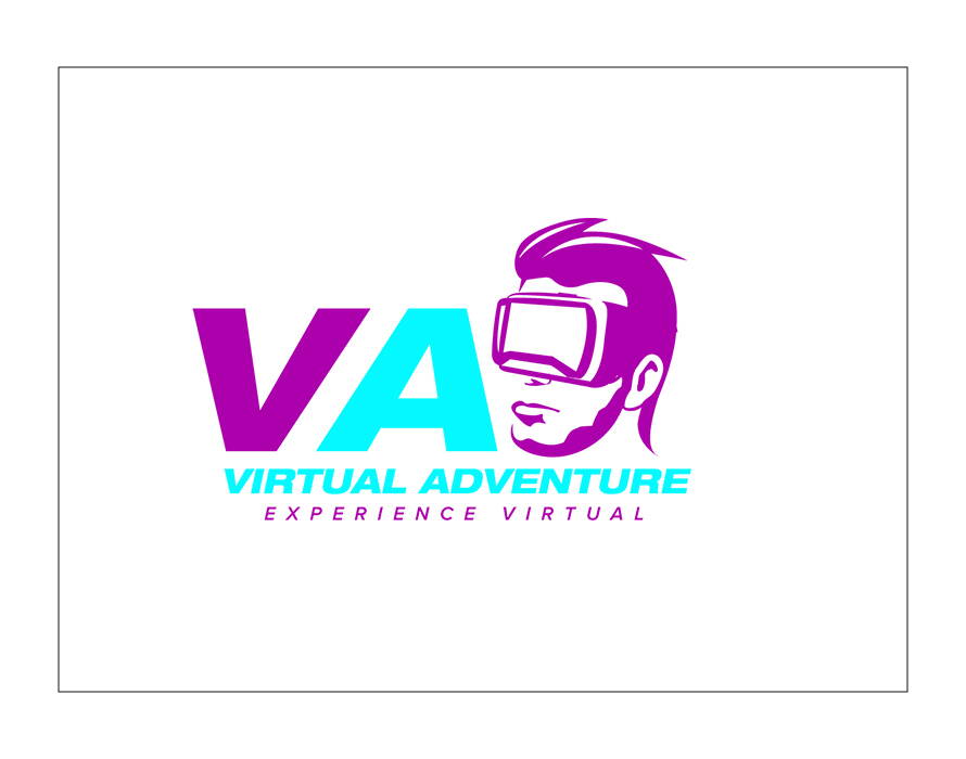 Logo mit pink-blauem Schriftzug „VA Virtual Adventure“ und Zusatz „Experience Virtual“. Silhouette eines Kopfes mit VR-Brille.
