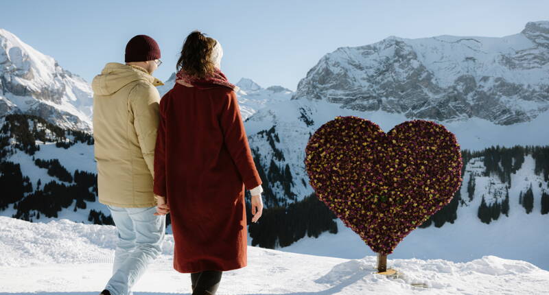 Point de vue romantique avec installation en forme de cœur sur le Winter LoveTrail au VogellisiBerg et vue sur les montagnes enneigées d’Adelboden.