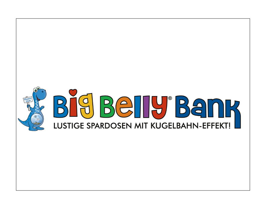 Farbiges Logo von Big Belly Bank mit buntem Schriftzug und einem blauen Dinosaurier, der ein Schild hält. Untertitel: „Lustige Spardosen mit Kugelbahn-Effekt!“.