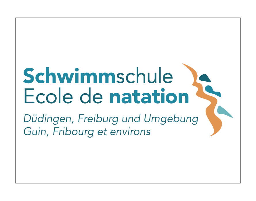 Logo mit blauem und orangem Schriftzug „Schwimmschule – Ecole de natation“ sowie Zusatz „Düdingen, Freiburg und Umgebung“ und stilisierter Schwimmerfigur.