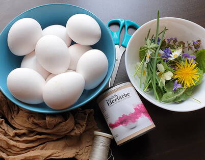 Des œufs blancs, des herbes, des feuilles et un bas en nylon sont disposés – les matériaux nécessaires pour obtenir des œufs naturellement colorés avec motifs végétaux.
