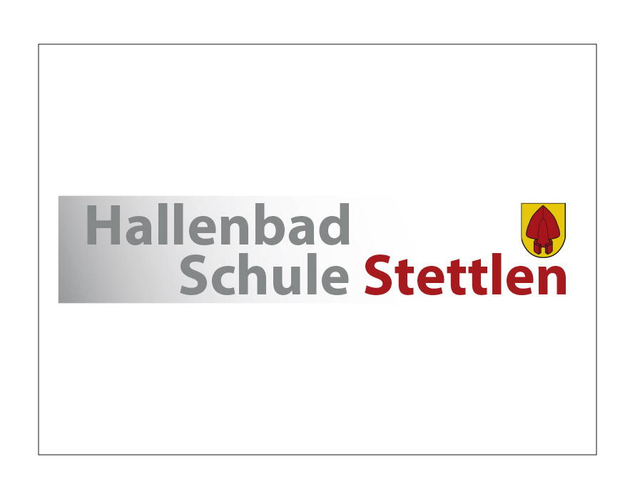 Logo mit grauem und rotem Schriftzug „Hallenbad Schule Stettlen“ sowie Wappen mit rotem Blatt.
