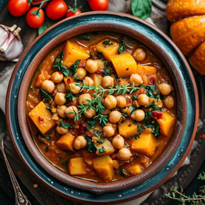 Un ragoût savoureux avec des pois chiches, de la courge et des légumes t’apporte chaleur, satiété et des nutriments précieux.