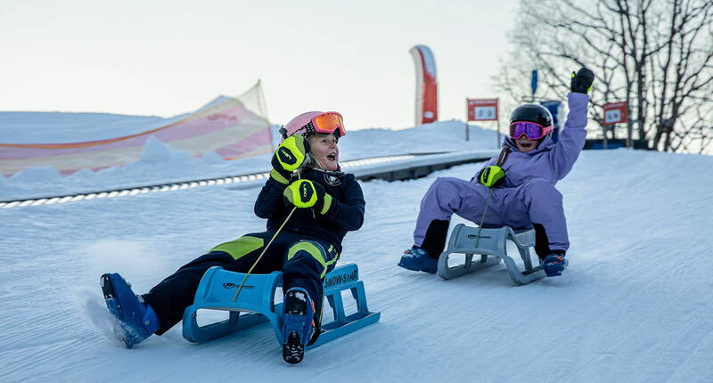Begeisterte Kinder geniessen rasante Schlittelabfahrten auf der familienfreundlichen Piste der Bodmi Arena. Sicherer Winterspass für Anfänger und Familien mit Kindern im Herzen von Grindelwald.