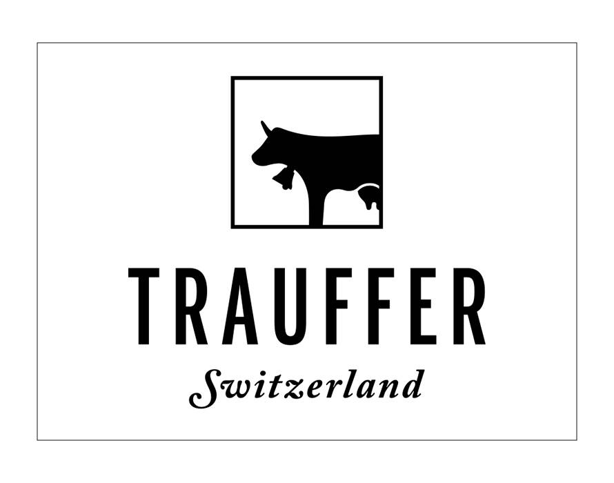 Schwarz-weisses Logo von Trauffer Switzerland mit stilisierter Kuh im Quadrat und Schriftzug „Trauffer Switzerland“.