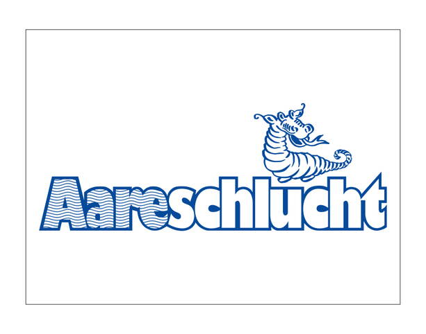 Blaues Logo der Aareschlucht mit stilisiertem Drachenmotiv und Schriftzug „Aareschlucht“.