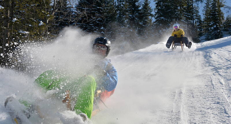 Gita in famiglia con lo slittino a Sörenberg. Due diverse piste per slittini conducono dal Rossweid a valle.