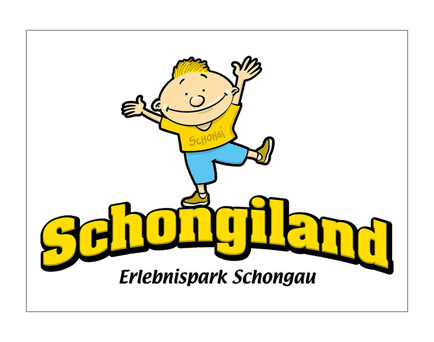 Logo mit gelbem Schriftzug „Schongiland“ und einer fröhlichen Cartoonfigur in gelbem Shirt und blauer Hose, darunter Text „Erlebnispark Schongau“.