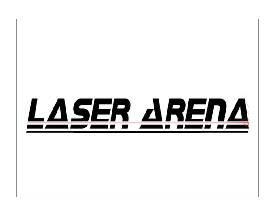 Schwarz-rotes Logo mit Schriftzug „Laser Arena“ und stilisierten Linien für Geschwindigkeit und Laserstrahlen.