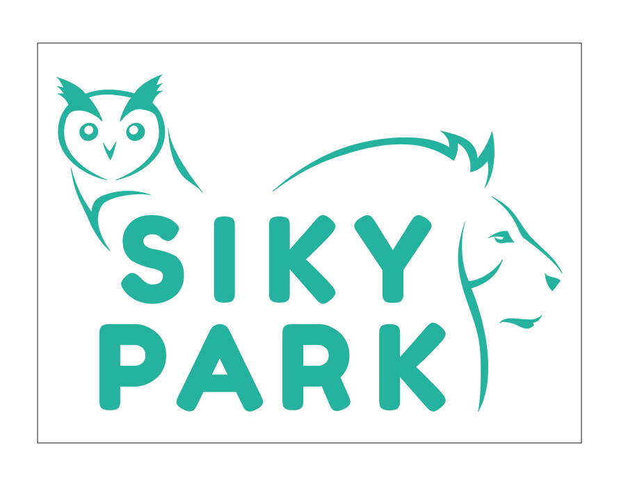 Türkises Logo mit Schriftzug „SIKY PARK“ und stilisierten Umrissen von Eule und Löwe.
