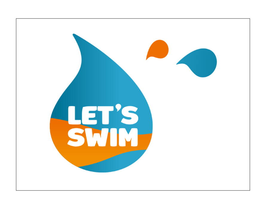 Logo mit blau-orangefarbenem Wassertropfen und Schriftzug „Let’s Swim“.