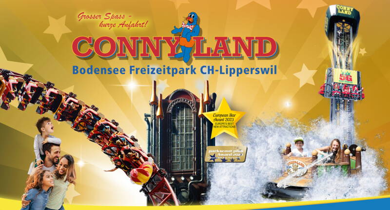Panoramica del CONNY-LAND a Lipperswil con montagne russe, attrazione rafting e Space Shot Tower – esperienza di parco divertimenti varia nella Svizzera orientale.