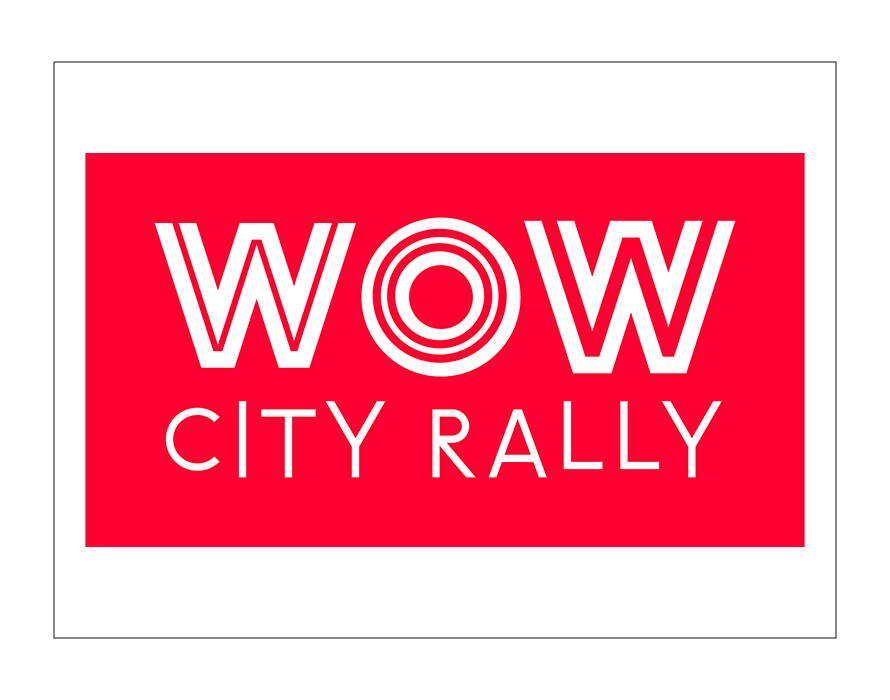 Logo mit weissem Schriftzug „WOW City Rally“ auf rotem Hintergrund, wobei das „O“ konzentrische Kreise zeigt.
