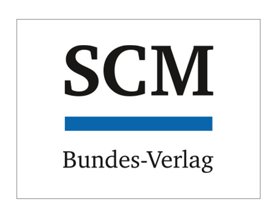 Schwarz-weisses Logo mit grossem Schriftzug „SCM“ und blauem Balken darunter, ergänzt durch Text „Bundes-Verlag“.