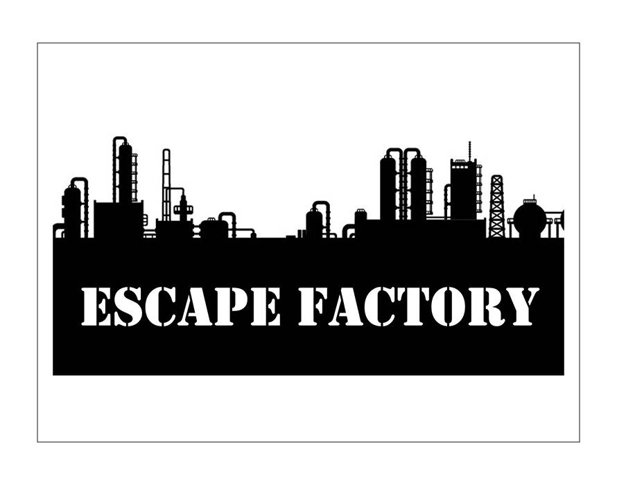 Schwarz-weisses Logo der Escape Factory mit Silhouette einer Industrieanlage und Schriftzug „Escape Factory“.