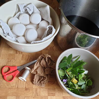 Un bol avec des œufs crus, accompagné d’herbes et de fleurs ainsi que d’une casserole contenant un bain colorant foncé, prêt pour la technique naturelle de coloration.