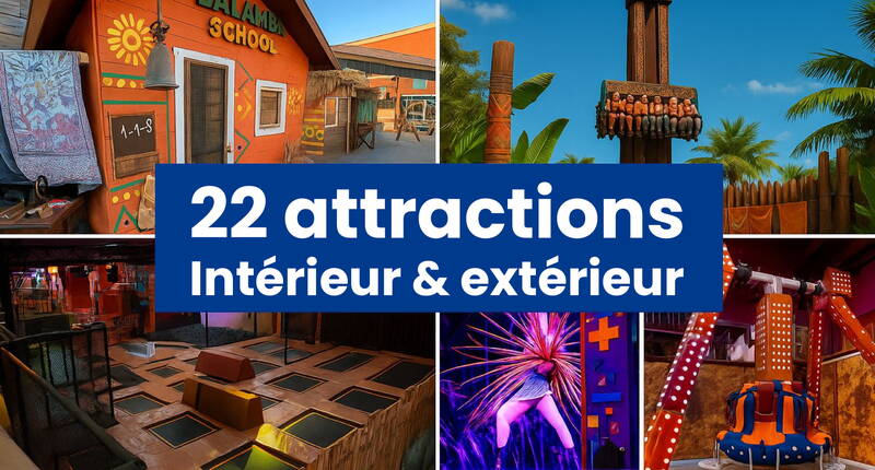 Le collage offre un aperçu des nombreuses attractions intérieures et extérieures du parc. Des univers thématiques colorés, des éléments d’action et des aires de jeux modernes garantissent amusement et aventures par tous les temps.