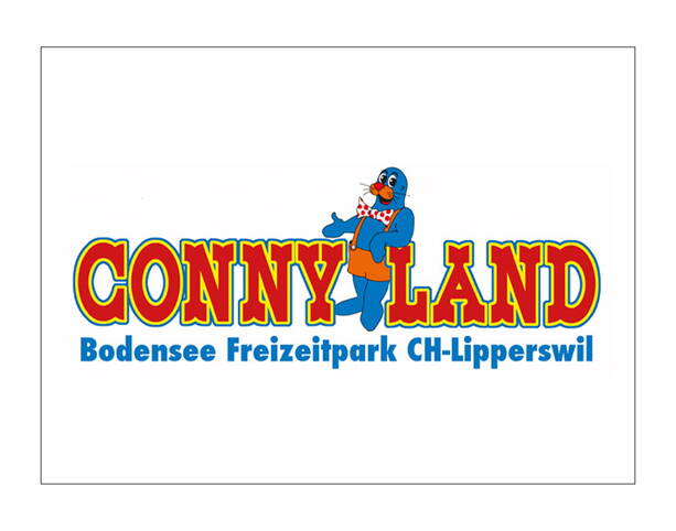 Logo von Connyland mit rotem Schriftzug und einer Comic-Robbe in Badehose. Untertitel: „Bodensee Freizeitpark CH-Lipperswil“.