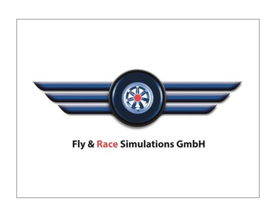 Logo mit stilisiertem Flugzeugflügel und Rad in Blau sowie Schriftzug „Fly & Race Simulations GmbH“.