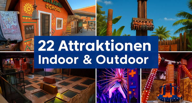 Die Collage zeigt einen Überblick über die vielfältigen Indoor- und Outdoor-Attraktionen des Parks. Farbenfrohe Themenwelten, Action-Elemente und moderne Spielbereiche sorgen für Spass und Abenteuer bei jedem Wetter.